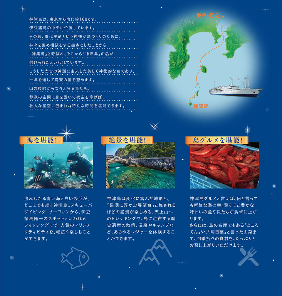 神津島は、東京から南に約180ｋｍ。伊豆諸島の中央に位置しています。その昔、事代主命という神様が島づくりのために神々を集め相談する拠点としたことから「神集島」と呼ばれ、そこから「神津島」の名が付けられたといわれています。こうした太古の神話のに由来した美しく神秘的な島であり、一年を通して満天の星空を望めます。山の稜線から次々と登る星たち。静寂の空間に身を置いて夜空を仰げば、壮大な星空に包まれた特別な時間を堪能できます