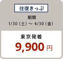 往復きっぷ 1/30(土)〜4/30(金)9,900円
