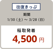 往復きっぷ 1/30(土)〜3/28(日)4,500円
