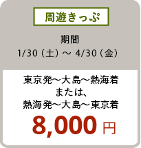 往復きっぷ 1/30(土)〜4/30(金)8,000円