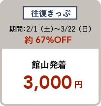 往復きっぷ 期間:2/2(土)〜3/24(日)約67%OFF 館山発着 2,980円