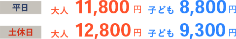 平日 大人11,800円 子ども8,800円 土休日 大人12,800円 子ども9,300円