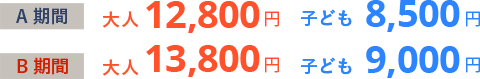 A期間 大人12,800円 子ども8,500円/B期間 大人13,800円 子ども9,000円