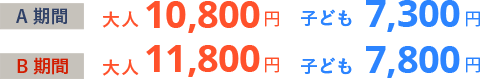 A期間 大人10,800円 子ども7,300円/B期間 大人11,800円 子ども7,800円