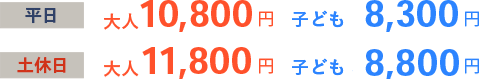平日 大人10,800円 子ども8,300円 土休日 大人11,800円 子ども8,800円